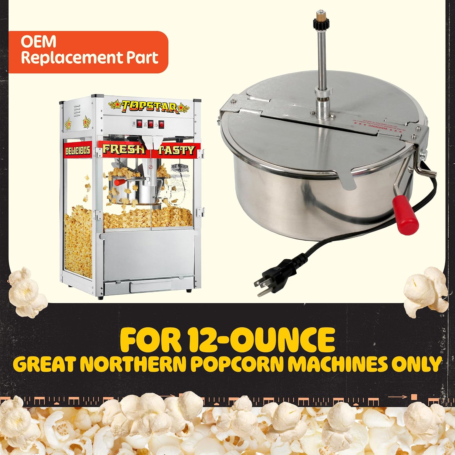 Great Northern Popcorn 12 Oz Replacement Kettle for Popcorn Machine | 1350W Kettle Popper with Lid. Stirrer. Gear Shaft. and 3-Prong Plug