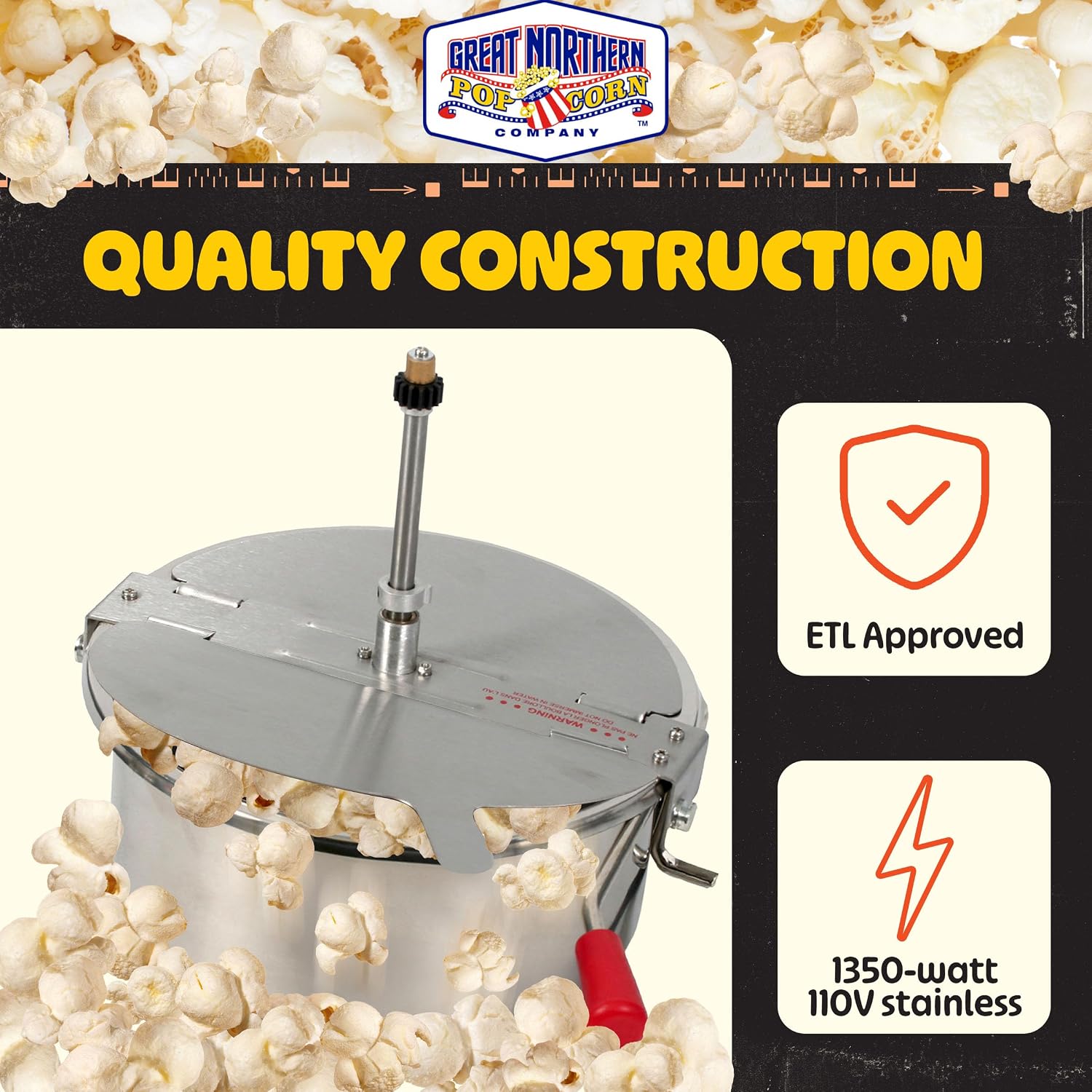 Great Northern Popcorn 12 Oz Replacement Kettle for Popcorn Machine | 1350W Kettle Popper with Lid. Stirrer. Gear Shaft. and 3-Prong Plug
