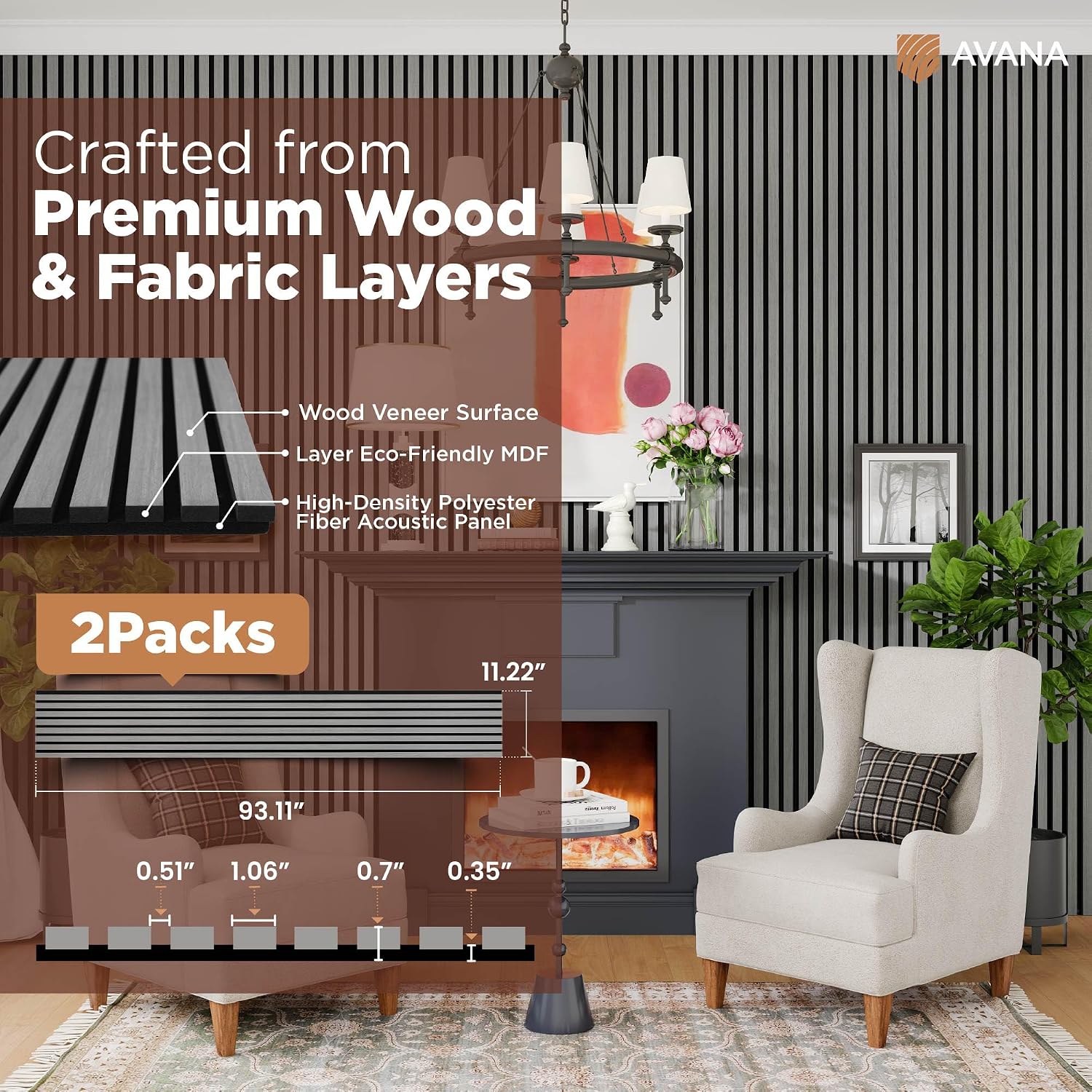 Avana Acoustic Wood Wall Panels – 93.2x11.25 Inch Panels – Fits 94x12 Layout – Gray Oak Acoustic Panels 2 PCs – Wall Panels for Interior Wall Decor for Homes. Offices –Decorative Wood Panels for Wall
