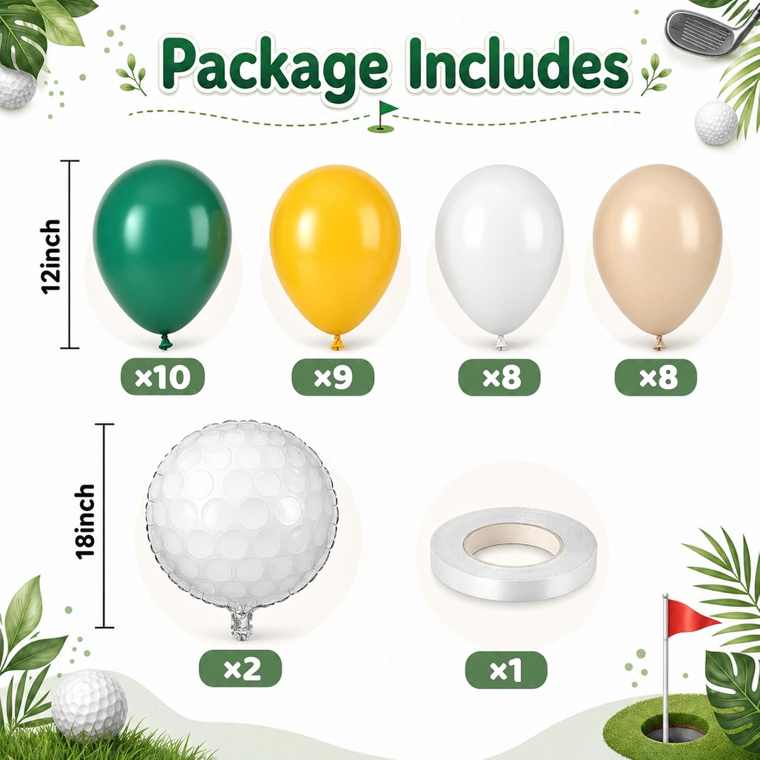 Golf Balloons. 12 Inch Green Yellow White Sport Themed Party Decorations | Includes Golf Ball Foil Balloons. Decorations For Golf Themed Birthday and Sports Party Celebrations