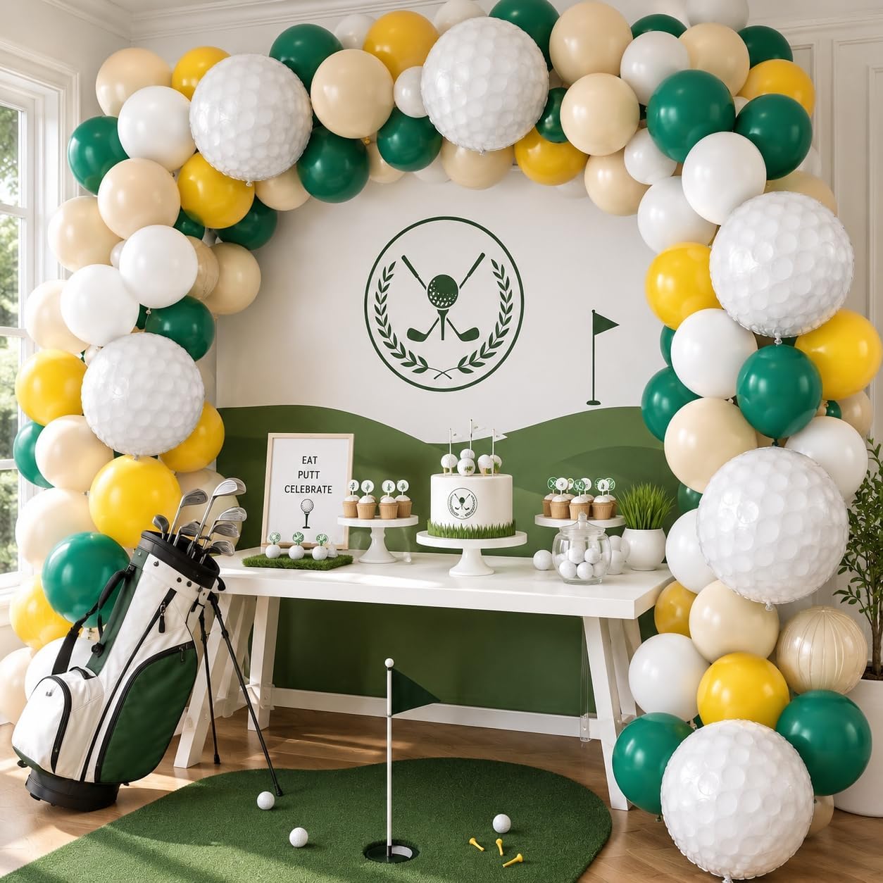 Golf Balloons. 12 Inch Green Yellow White Sport Themed Party Decorations | Includes Golf Ball Foil Balloons. Decorations For Golf Themed Birthday and Sports Party Celebrations