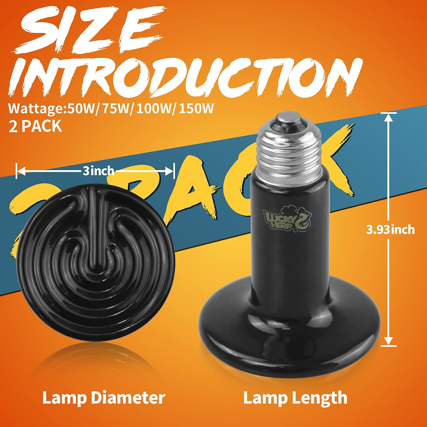 LUCKY HERP 100W Ceramic Heat Emitter. Reptile Heat Bulbs. Ceramic Heat Lamp for Reptiles. Amphibian. Chicken. Dog. Cat (2-Pack)