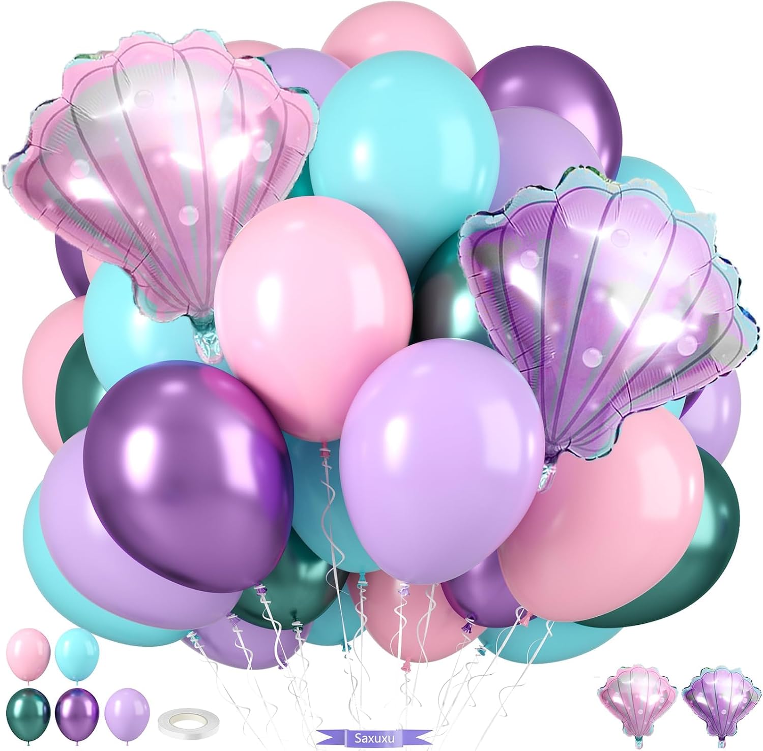 Mermaid Balloons.Sea Theme Birthday Baby Shower Decorations for Girls | Seashell Balloon Macaron Pink Purple Green Metallic Latex Set for Girl Birthday Sea Theme Baby Shower Backdrop Decorations