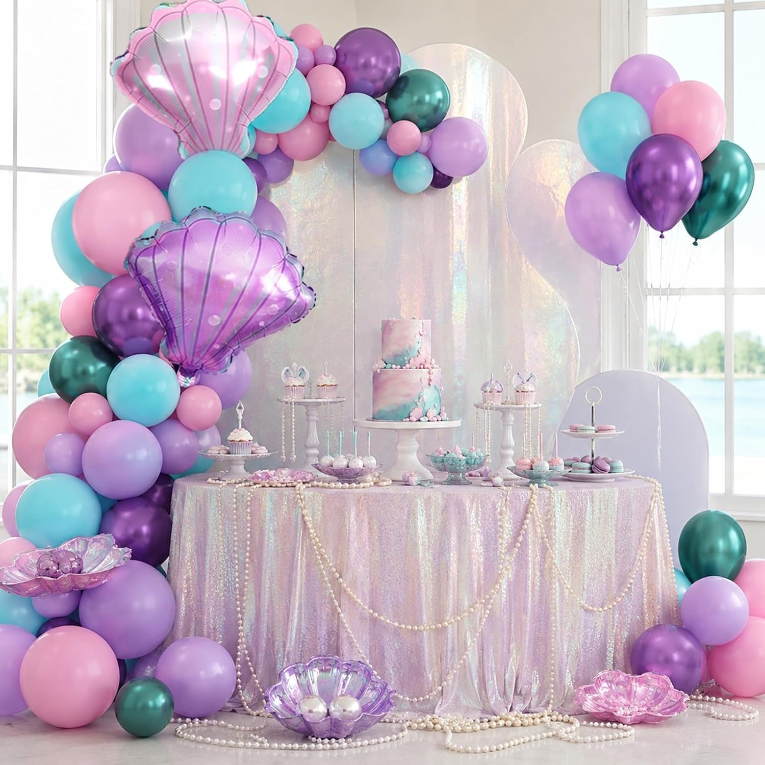 Mermaid Balloons.Sea Theme Birthday Baby Shower Decorations for Girls | Seashell Balloon Macaron Pink Purple Green Metallic Latex Set for Girl Birthday Sea Theme Baby Shower Backdrop Decorations