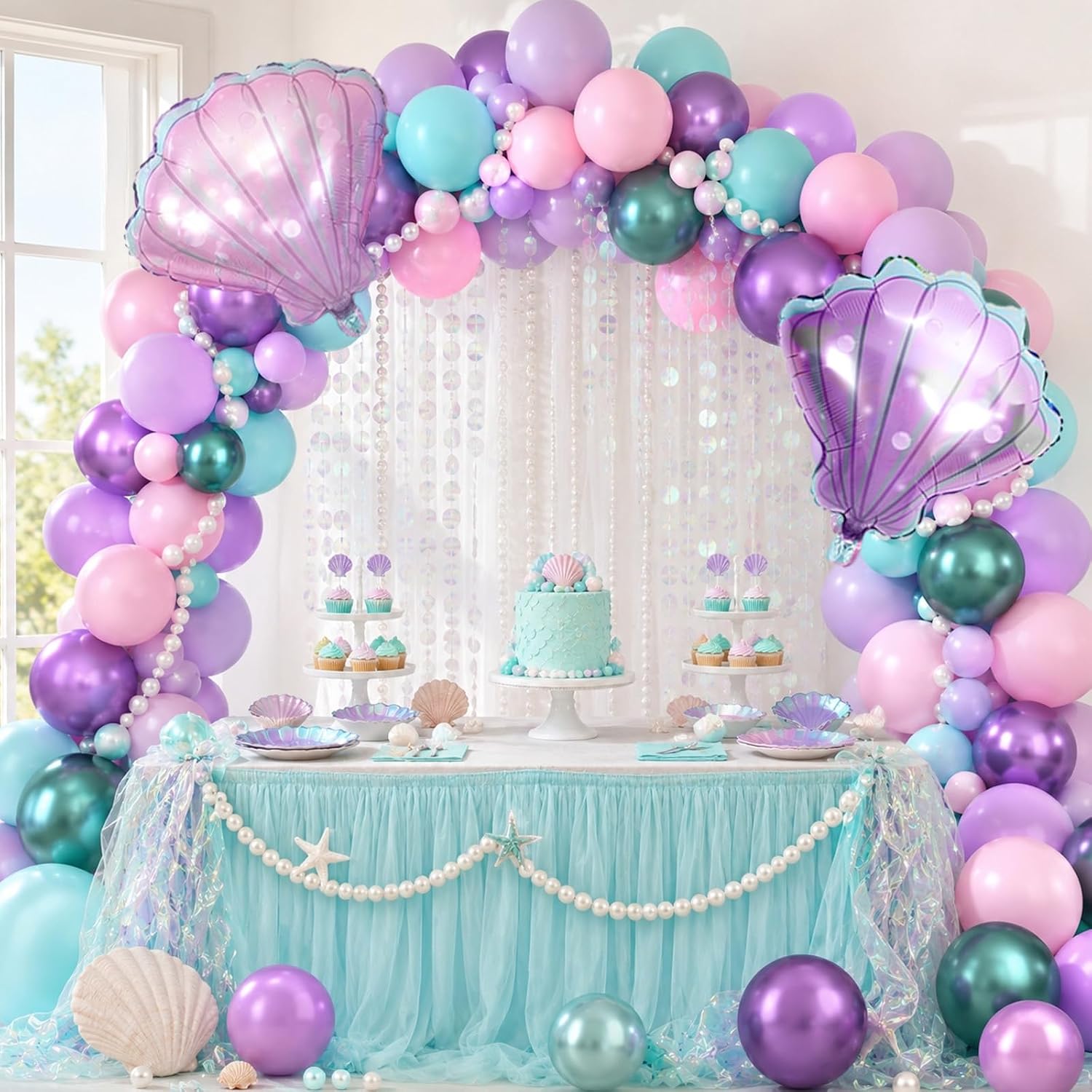 Mermaid Balloons.Sea Theme Birthday Baby Shower Decorations for Girls | Seashell Balloon Macaron Pink Purple Green Metallic Latex Set for Girl Birthday Sea Theme Baby Shower Backdrop Decorations