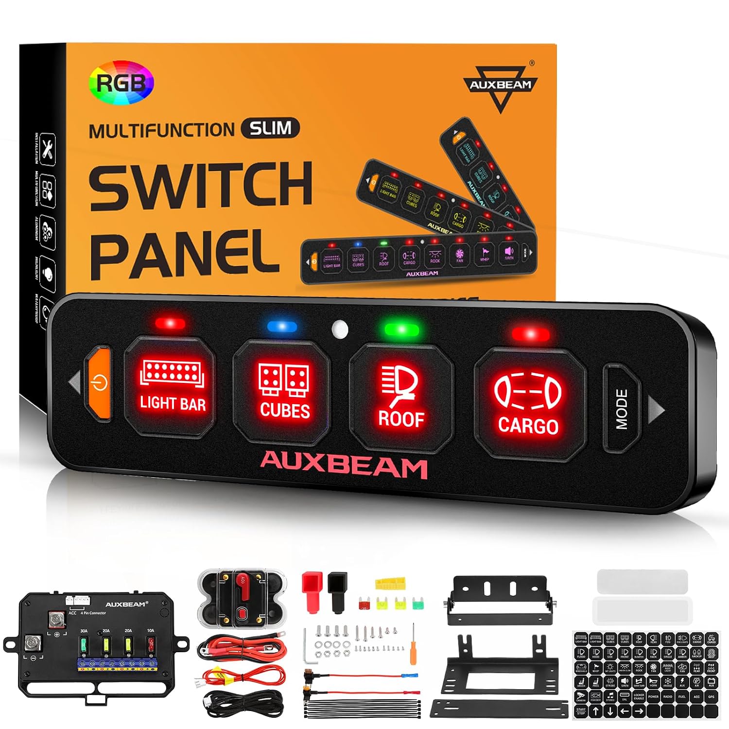 Auxbeam 4 Gang Slim Switch Panel RGB AS-R40 Auto-Dimmable Control Panel | Toggle Momentary Pulsed Switch Pod.On/Off Backlight.Multifunction Switch for Truck Offroad Boat.Waterproof. 3 Years Warranty