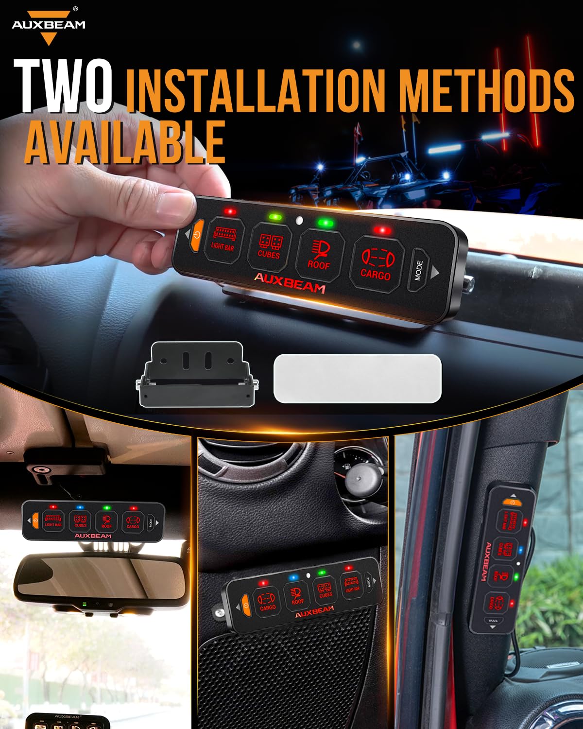Auxbeam 4 Gang Slim Switch Panel RGB AS-R40 Auto-Dimmable Control Panel | Toggle Momentary Pulsed Switch Pod.On/Off Backlight.Multifunction Switch for Truck Offroad Boat.Waterproof. 3 Years Warranty