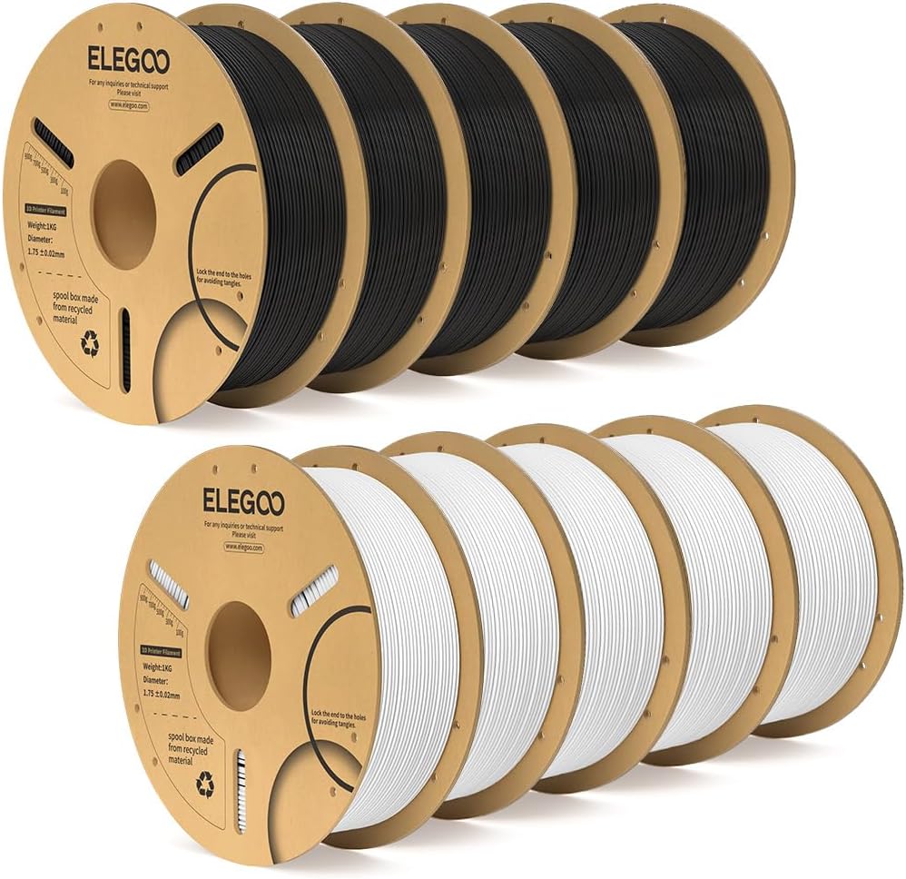 ELEGOO PLA Filament 1.75mm Black & White 10KG. 3D Printer Filament Bulk Dimensional Accuracy +/- 0.02mm. 10 Pack 1kg Cardboard Spool(2.2lbs) 3D Printing Filament Fits for Most FDM 3D Printers