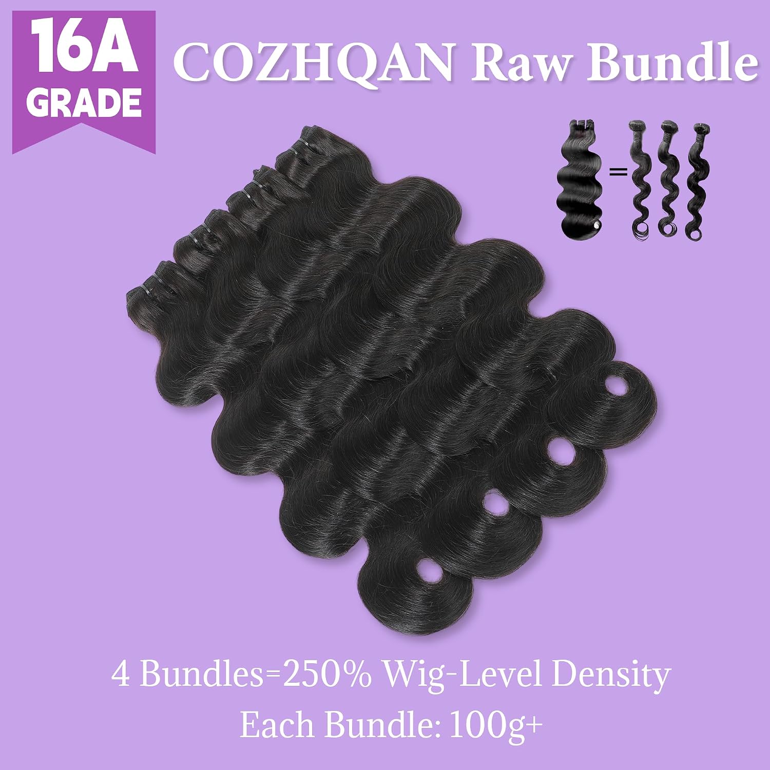 16A Raw Human Hair Bundles 16 18 20 Inch Body Wave Bundles Human Hair 100% Unprocessed Brazilian Virgin Hair Triple Lifespan Holds the Curls Well Hair Extensions Quick Weave Natural Black
