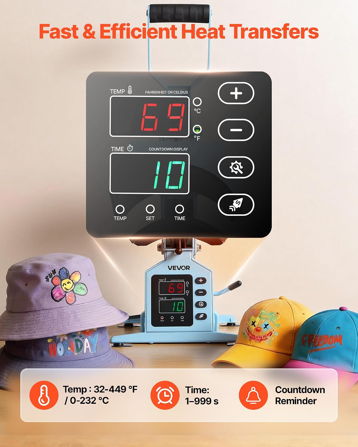 VEVOR 2-in-1 Hat Heat Press Machine. with 2 Platens & Caps Stretcher. Precise Temp&Timer Control. Hat Press Heat Machine for Caps Compatible with HTV Iron On and Sublimation Projects. Light Blue