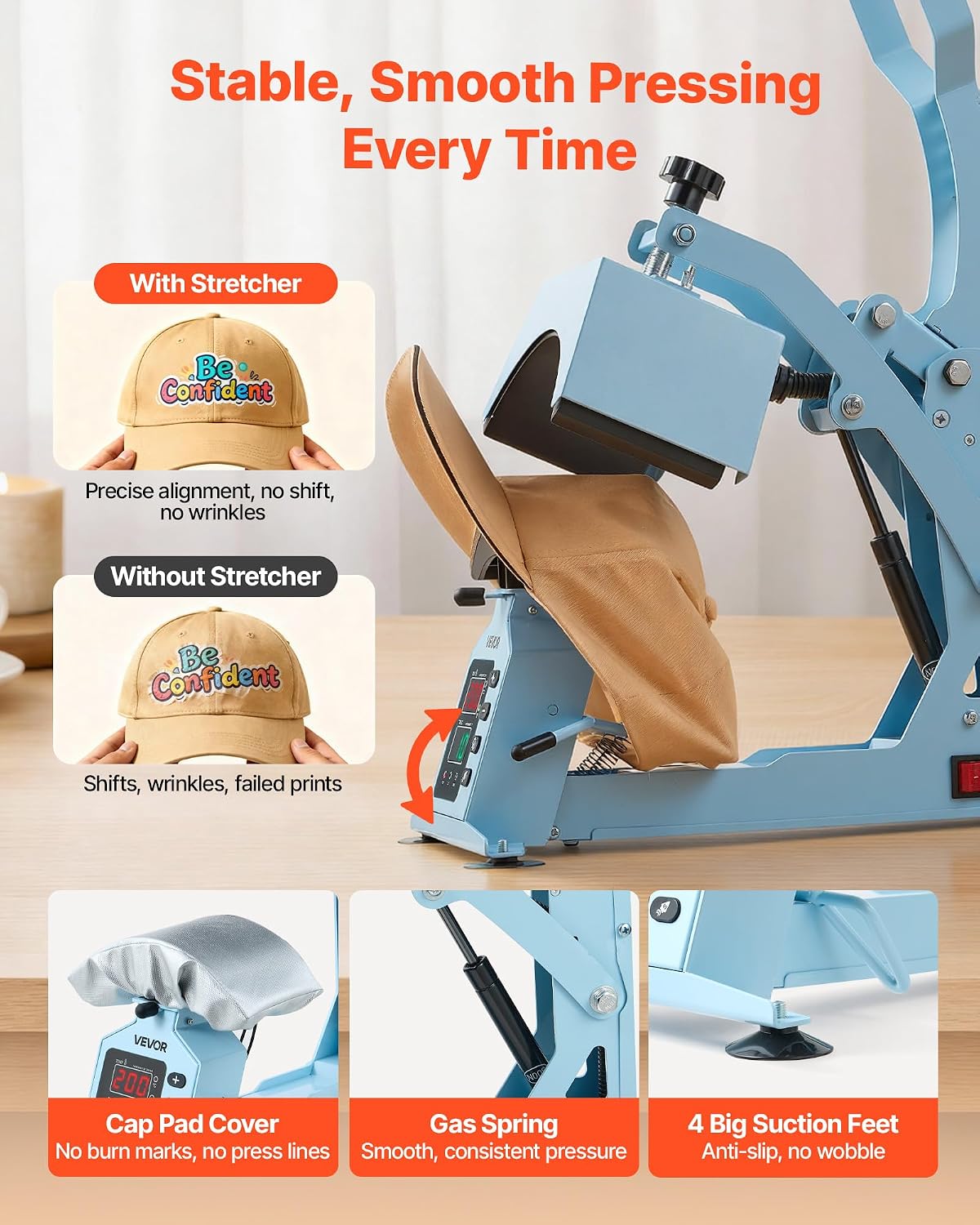 VEVOR 2-in-1 Hat Heat Press Machine. with 2 Platens & Caps Stretcher. Precise Temp&Timer Control. Hat Press Heat Machine for Caps Compatible with HTV Iron On and Sublimation Projects. Light Blue