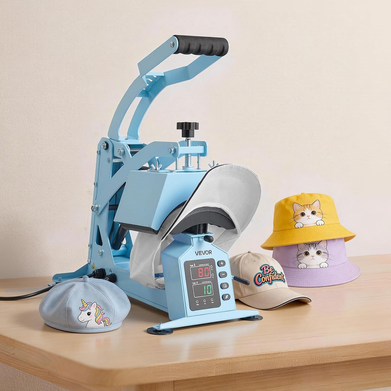 VEVOR 2-in-1 Hat Heat Press Machine. with 2 Platens & Caps Stretcher. Precise Temp&Timer Control. Hat Press Heat Machine for Caps Compatible with HTV Iron On and Sublimation Projects. Light Blue