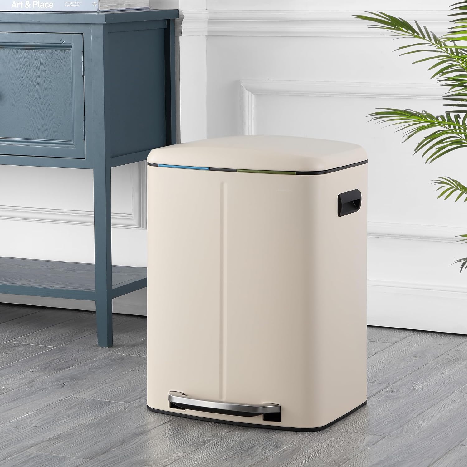 happimess Marco 10.6 Gal Double Bucket Step Trash Can. Limestone Beige | Rectangular Iron. Soft-Close Lid. Steel Step Pedal. Removable Inner Liner. Bags Included