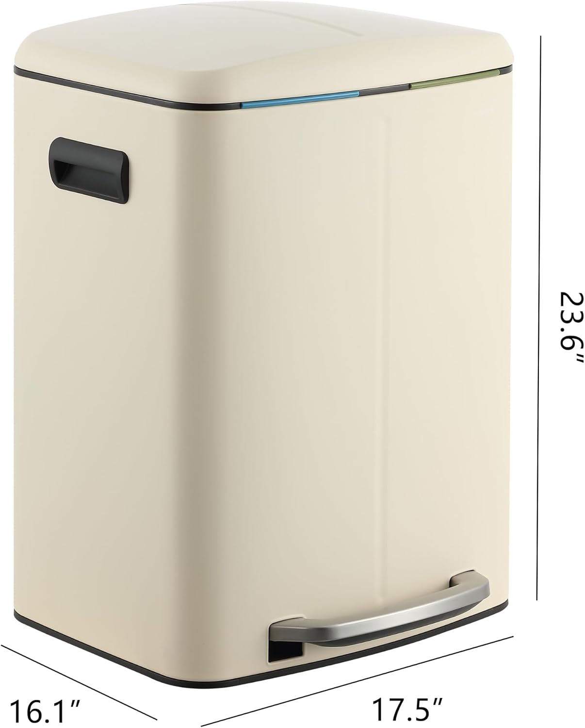 happimess Marco 10.6 Gal Double Bucket Step Trash Can. Limestone Beige | Rectangular Iron. Soft-Close Lid. Steel Step Pedal. Removable Inner Liner. Bags Included