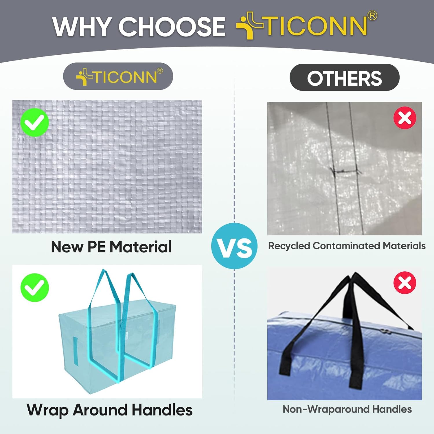 TICONN 2 Pack Extra Large Moving Bags Heavy Duty with Zippers & Carrying Handles. Durable Storage Bags Moving Boxes for Closet Organizers and Storage (2 Pack. Aqua)