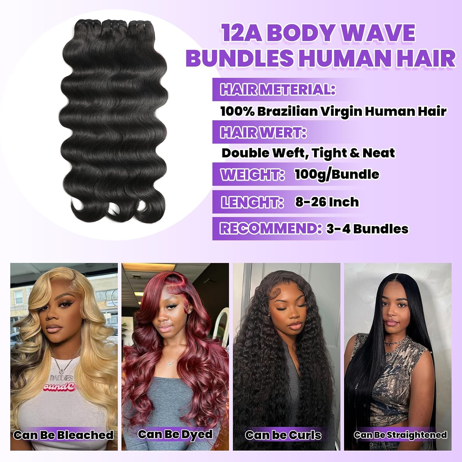 12A Body Wave Human Hair Bundles 20 22 24 26 Inch 4 Bundles Natural Black | 12A Body Wave Human Hair Bundles.Quick Weave Hair Extensions.Very Soft And Healty Hair.Can be Curled & Restyled.