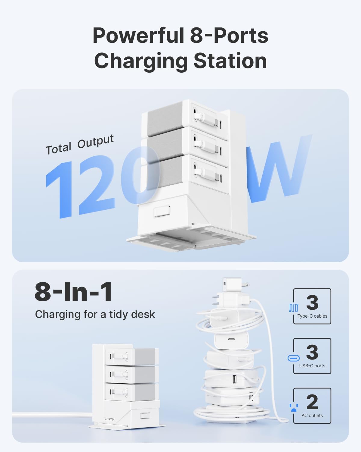 Gitryin Desktop Charging Station for Nightstand. 120W Retractable Charger | ModDock 3 Modular Charging Hub. 8-in-1 Fast Charger for Multiple Devices. 2 AC. 3 USB C. 33.5in Retractable Cables. White