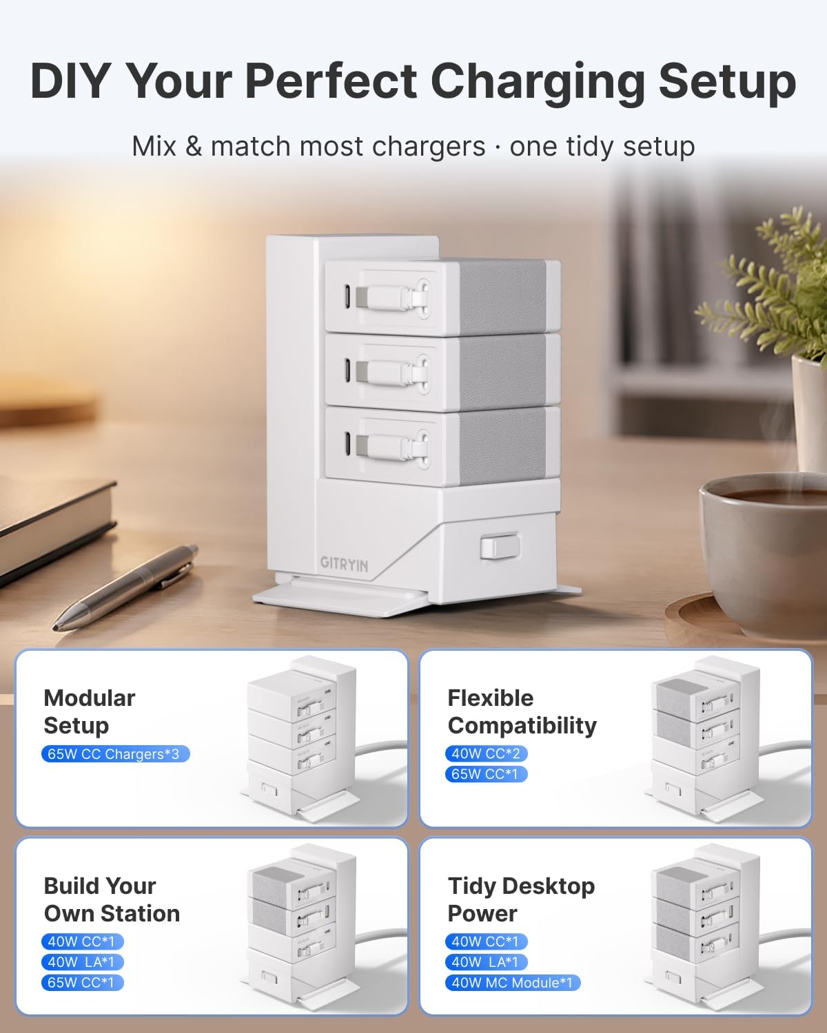 Gitryin Desktop Charging Station for Nightstand. 120W Retractable Charger | ModDock 3 Modular Charging Hub. 8-in-1 Fast Charger for Multiple Devices. 2 AC. 3 USB C. 33.5in Retractable Cables. White
