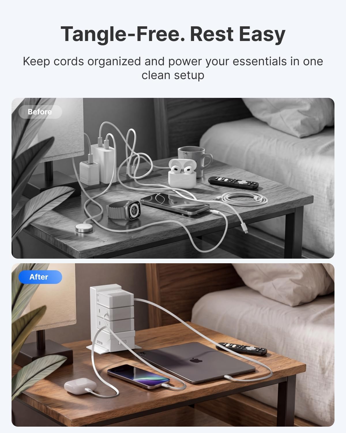 Gitryin Desktop Charging Station for Nightstand. 120W Retractable Charger | ModDock 3 Modular Charging Hub. 8-in-1 Fast Charger for Multiple Devices. 2 AC. 3 USB C. 33.5in Retractable Cables. White