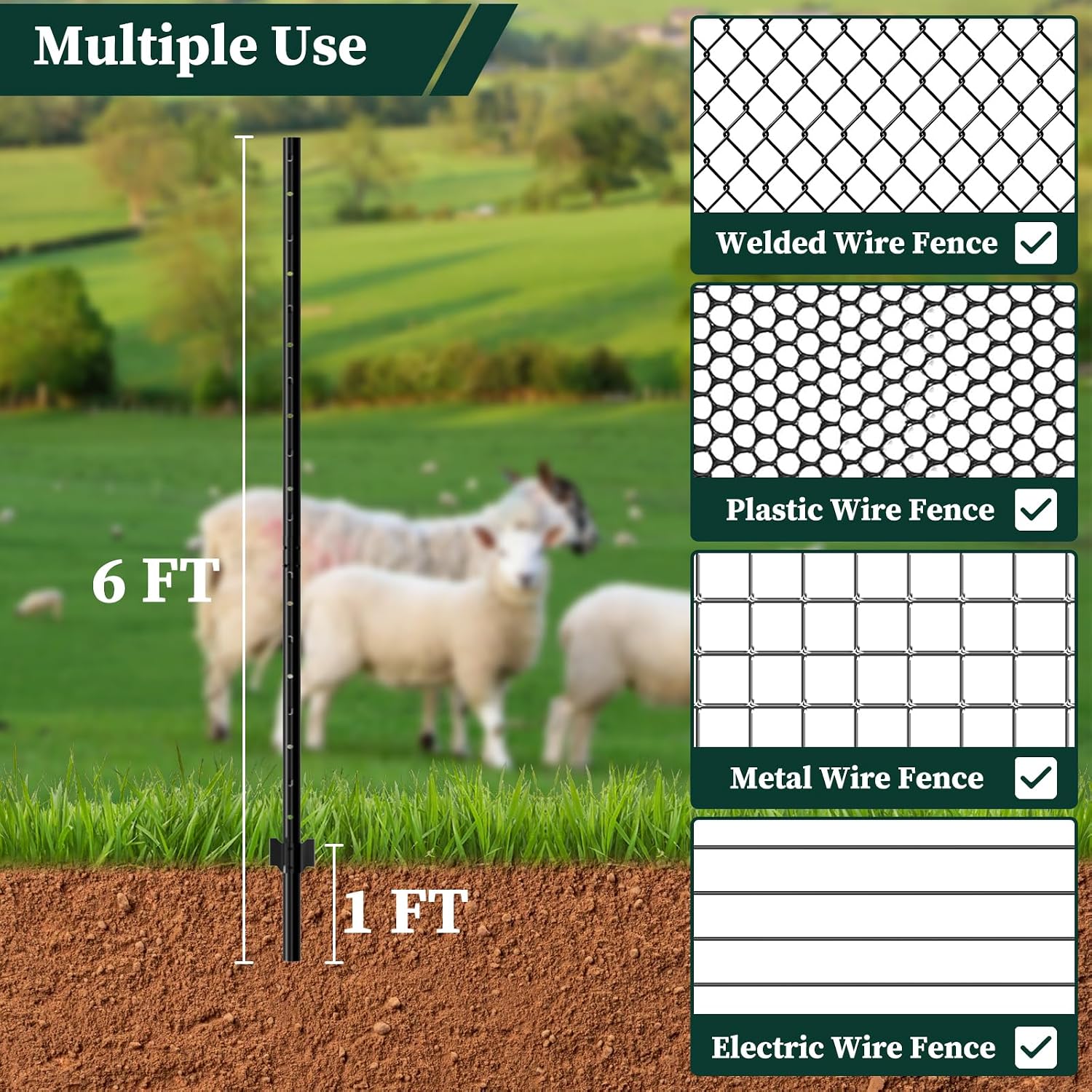 Metal Garden Fence Posts– Heavy Duty U-Post for Wire Fencing. 6 FT Black | 10 Pack No-Dig Fence Stakes for Temporary Fencing. Corner Anchor Posts. Rustproof Powder-Coated Steel for Farm. Yard & Garden