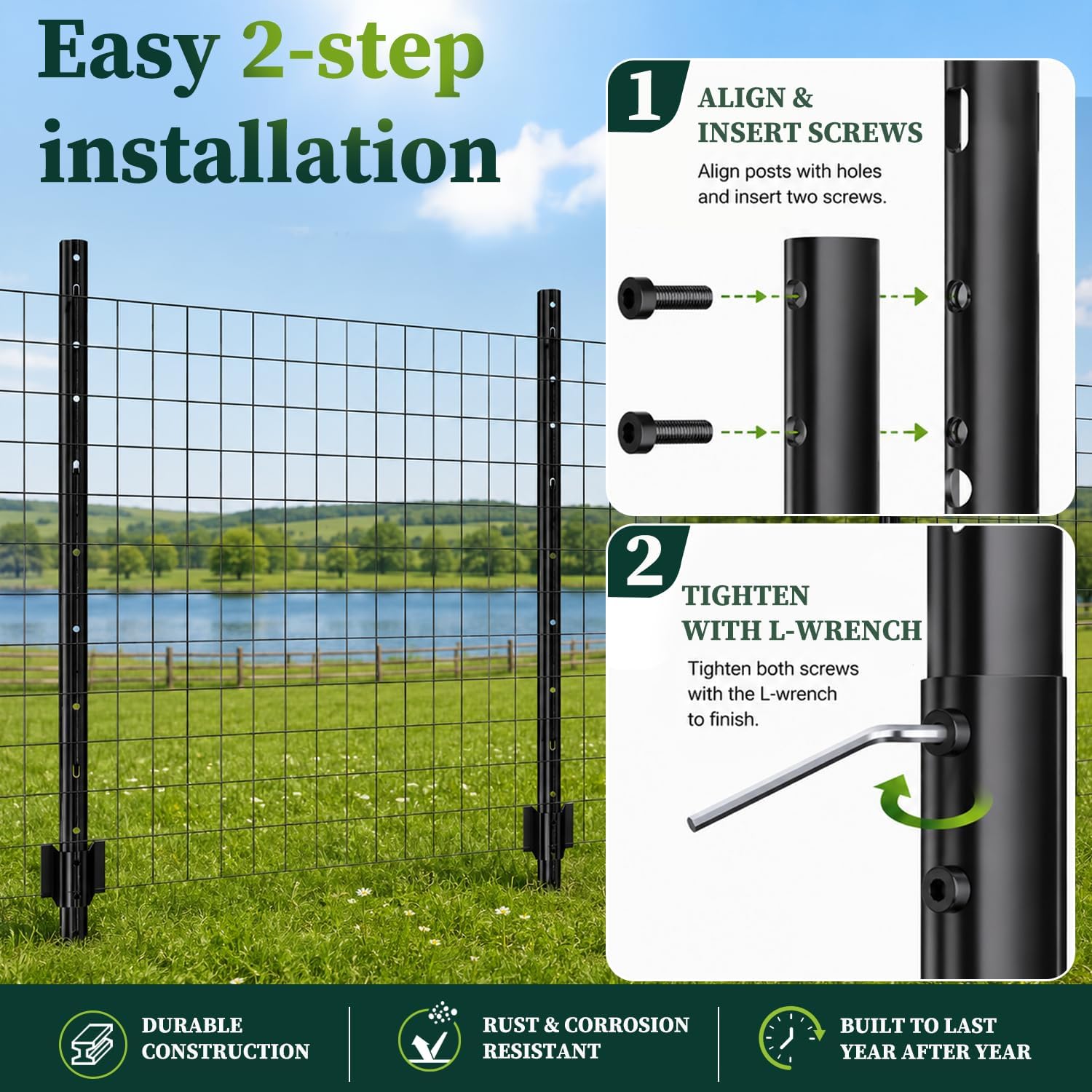 Metal Garden Fence Posts– Heavy Duty U-Post for Wire Fencing. 6 FT Black | 10 Pack No-Dig Fence Stakes for Temporary Fencing. Corner Anchor Posts. Rustproof Powder-Coated Steel for Farm. Yard & Garden