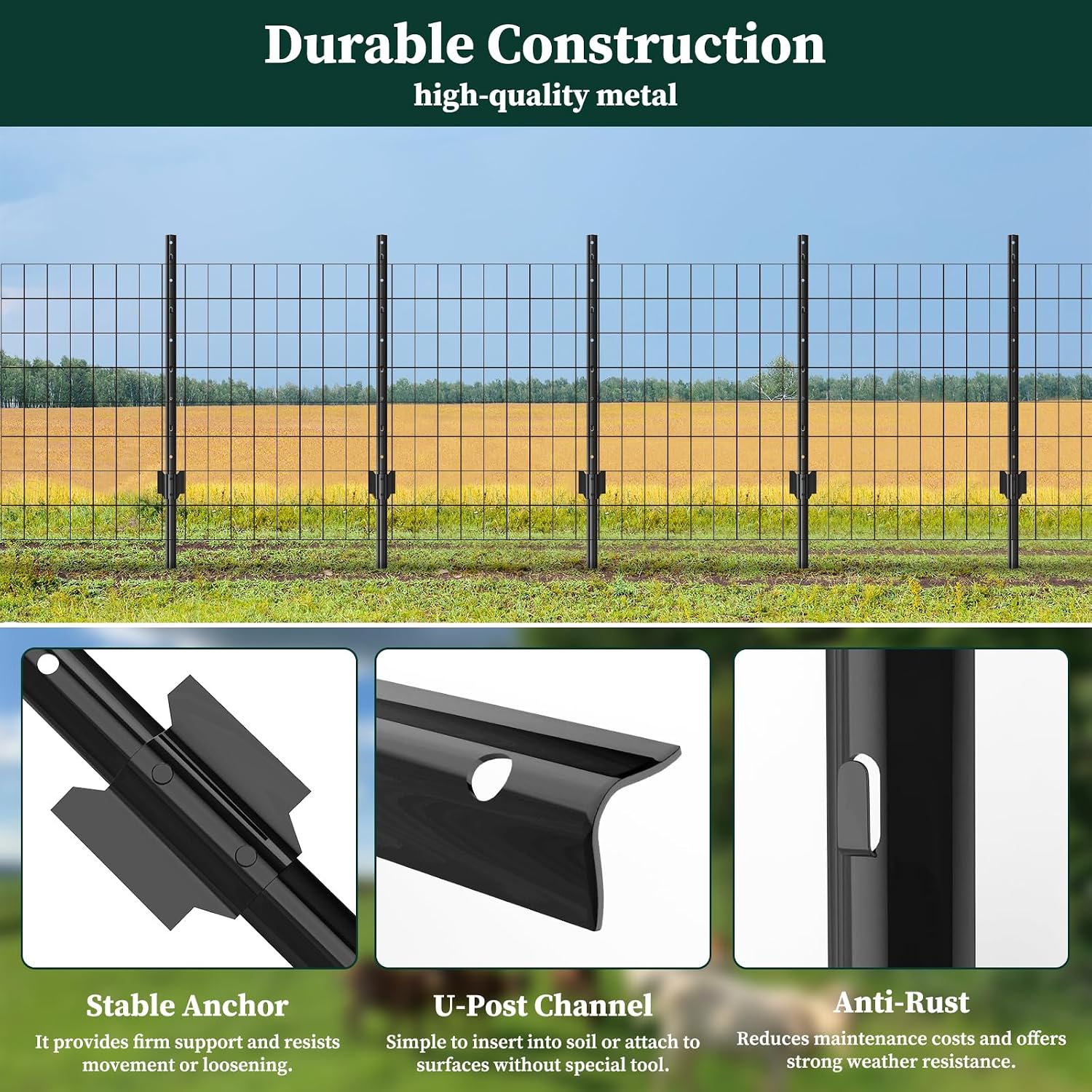 Metal Garden Fence Posts– Heavy Duty U-Post for Wire Fencing. 6 FT Black | 10 Pack No-Dig Fence Stakes for Temporary Fencing. Corner Anchor Posts. Rustproof Powder-Coated Steel for Farm. Yard & Garden