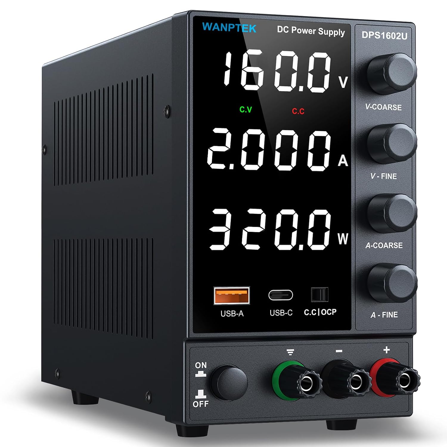 DC Power Supply 0-160V 0-2A. Bench Power Supply with Encoder Knob. Adjustable Regulated Power Supply with 5V 3.6A USB & Type-C Quick-Charge. Variable Power Supply with Overcurrent Protection
