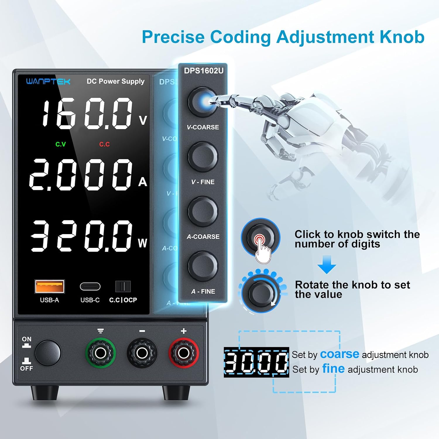 DC Power Supply 0-160V 0-2A. Bench Power Supply with Encoder Knob. Adjustable Regulated Power Supply with 5V 3.6A USB & Type-C Quick-Charge. Variable Power Supply with Overcurrent Protection