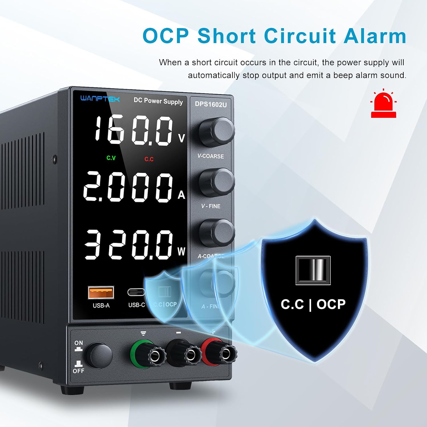 DC Power Supply 0-160V 0-2A. Bench Power Supply with Encoder Knob. Adjustable Regulated Power Supply with 5V 3.6A USB & Type-C Quick-Charge. Variable Power Supply with Overcurrent Protection