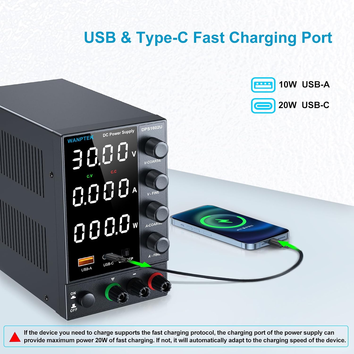 DC Power Supply 0-160V 0-2A. Bench Power Supply with Encoder Knob. Adjustable Regulated Power Supply with 5V 3.6A USB & Type-C Quick-Charge. Variable Power Supply with Overcurrent Protection