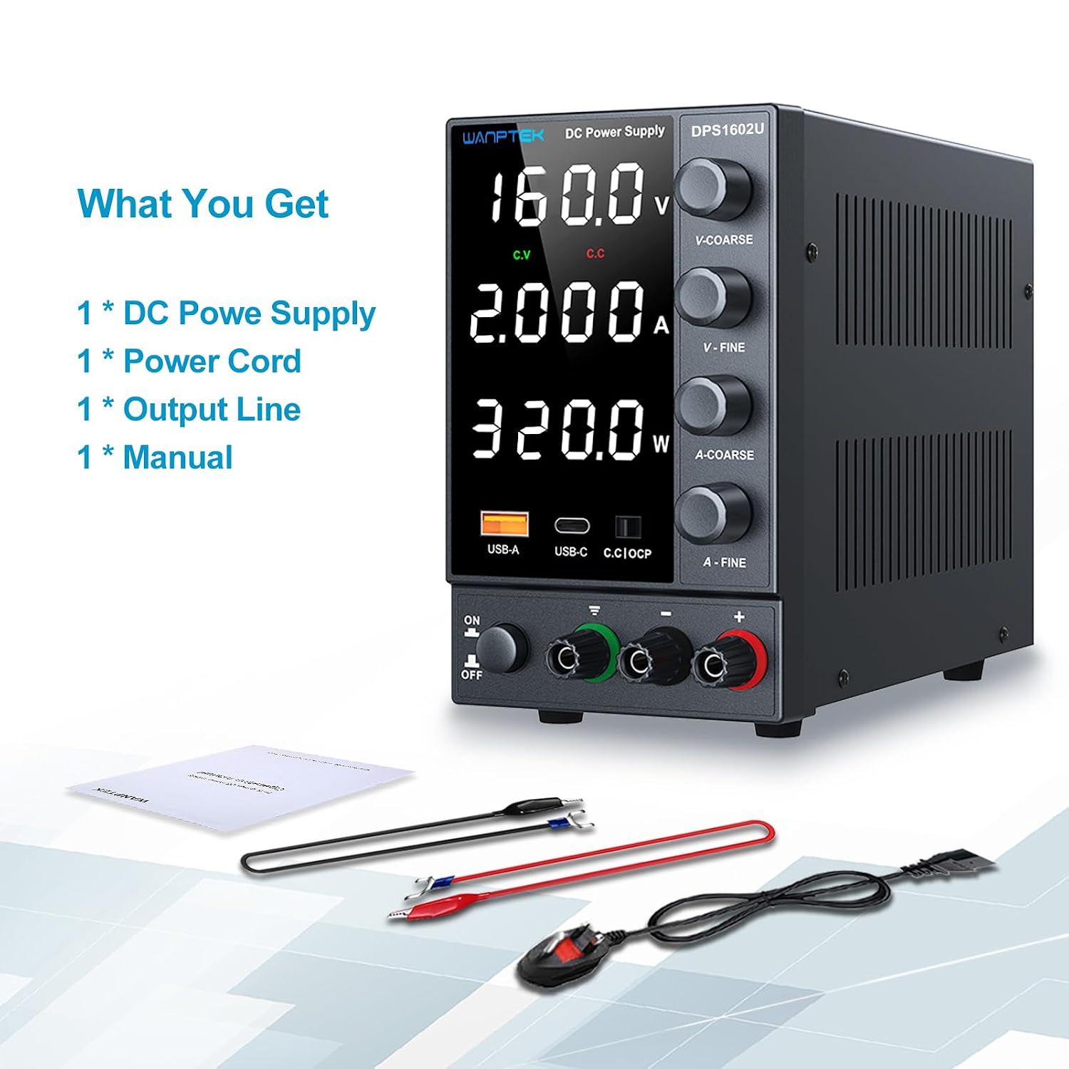 DC Power Supply 0-160V 0-2A. Bench Power Supply with Encoder Knob. Adjustable Regulated Power Supply with 5V 3.6A USB & Type-C Quick-Charge. Variable Power Supply with Overcurrent Protection