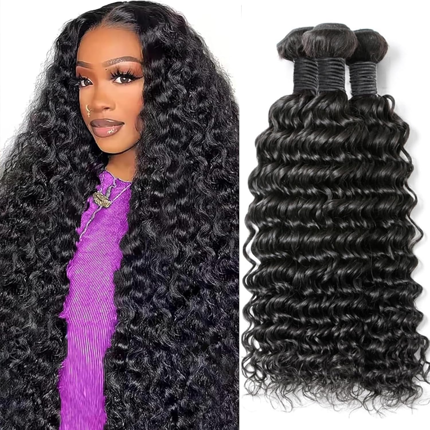 Deep Wave Human Hair Bundles 20 22 24 Inch 12A Unprocessed Brazilian Virgin Hair Deep Curly 3 Bundles Wet and Wave Hair Extensions Natural Colo