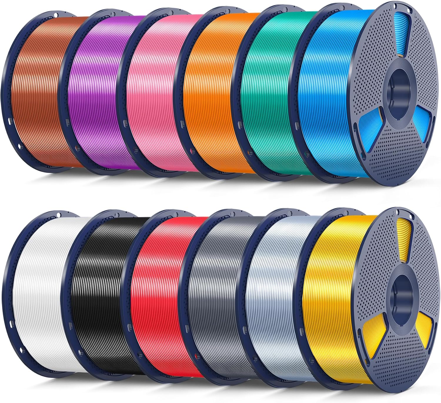 SUNLU 12KG 3D Printer Silk PLA Filament Bundle. Silk Filament 1.75mm+/- 0.02mm. 1KG Spool(2.2 LBS). Total 12KG. Light Gold+Silver+Black+White+Grey+Red+Blue+Green+Orange+Pink+Purple+Red Copper