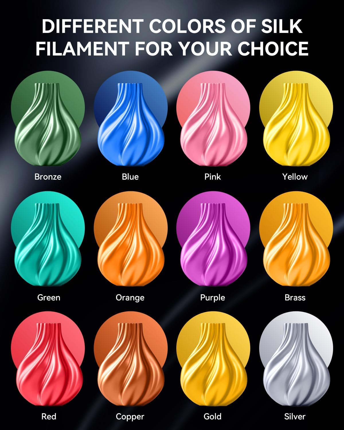 SUNLU 12KG 3D Printer Silk PLA Filament Bundle. Silk Filament 1.75mm+/- 0.02mm. 1KG Spool(2.2 LBS). Total 12KG. Light Gold+Silver+Black+White+Grey+Red+Blue+Green+Orange+Pink+Purple+Red Copper
