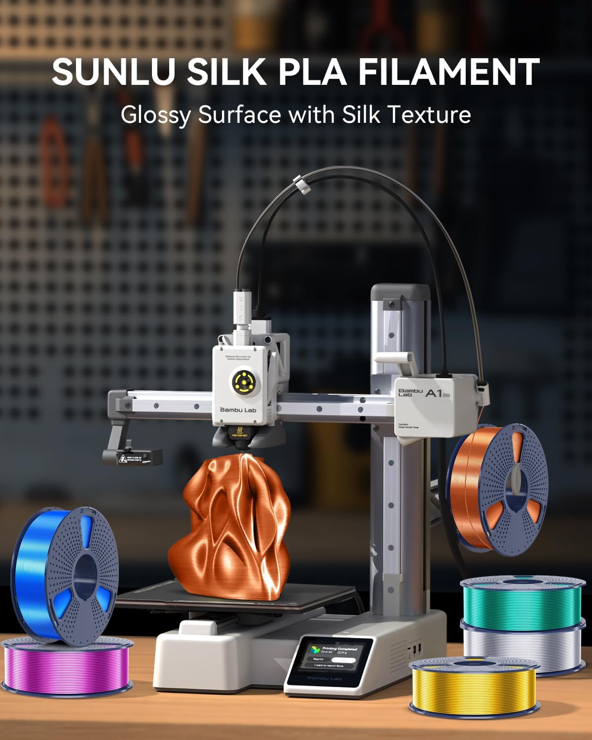 SUNLU 12KG 3D Printer Silk PLA Filament Bundle. Silk Filament 1.75mm+/- 0.02mm. 1KG Spool(2.2 LBS). Total 12KG. Light Gold+Silver+Black+White+Grey+Red+Blue+Green+Orange+Pink+Purple+Red Copper