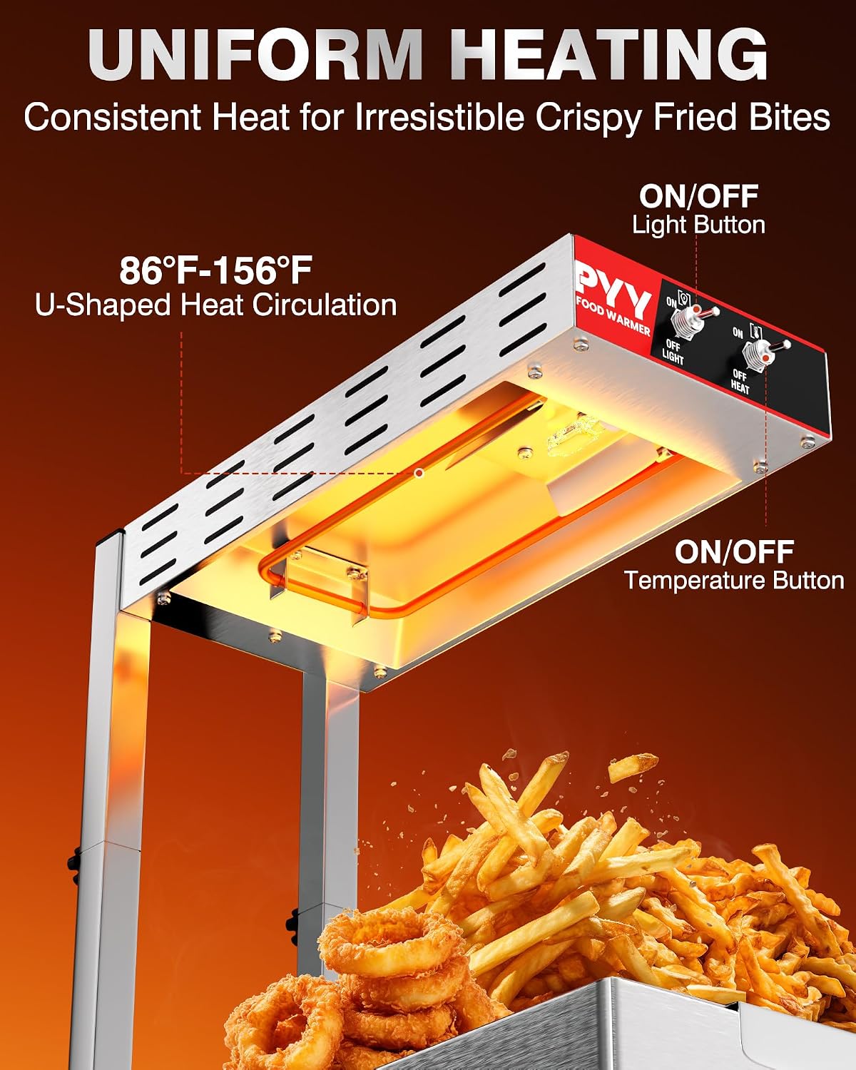 PYY French Fry Warmer - Commercial Food Heat Lamp Chip Warmer. Adjustable Height 15.4-18.5 Food Warmer Temp 86°F-156°F Countertop Freestanding Food Truck Restaurant Buffet