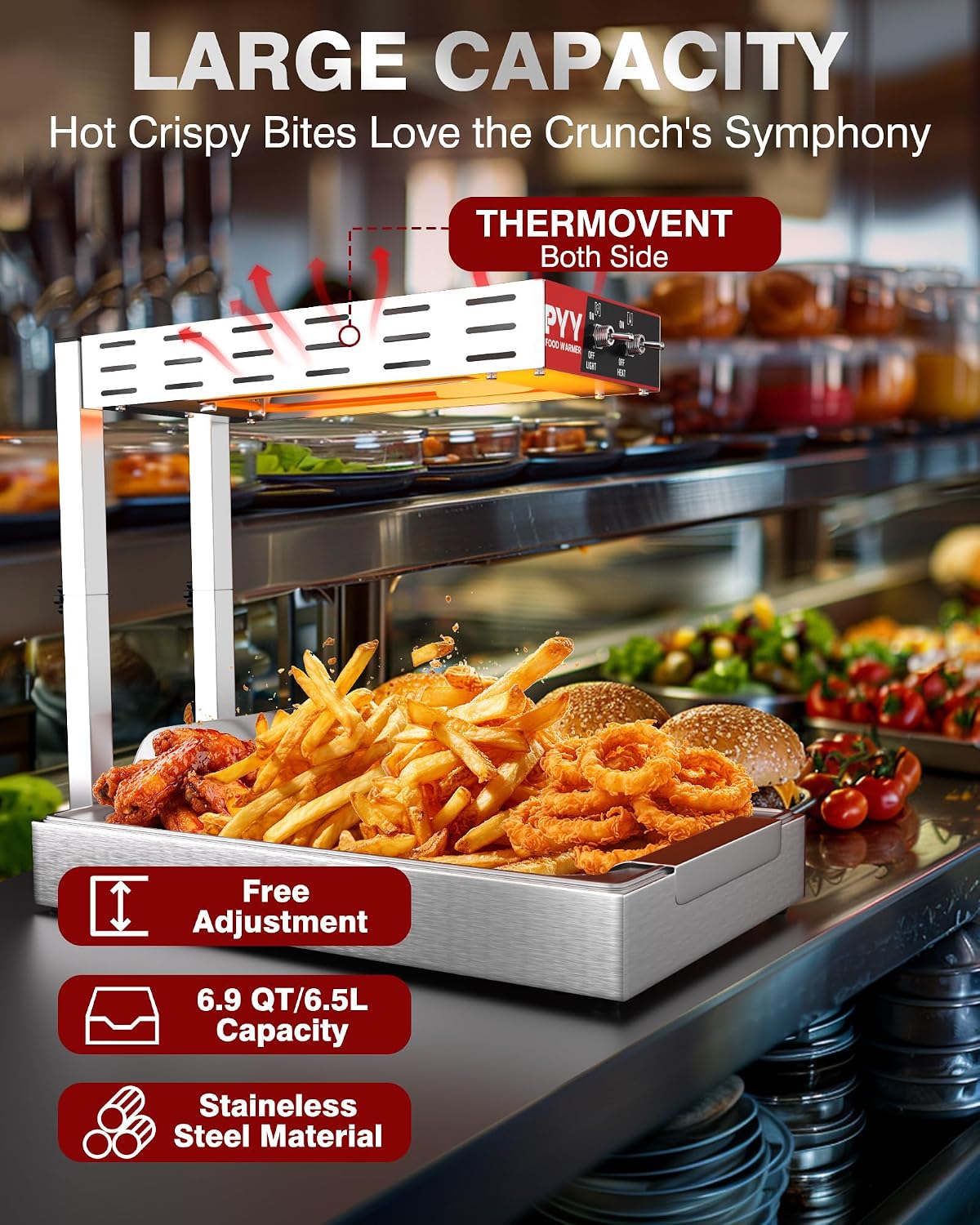 PYY French Fry Warmer - Commercial Food Heat Lamp Chip Warmer. Adjustable Height 15.4-18.5 Food Warmer Temp 86°F-156°F Countertop Freestanding Food Truck Restaurant Buffet