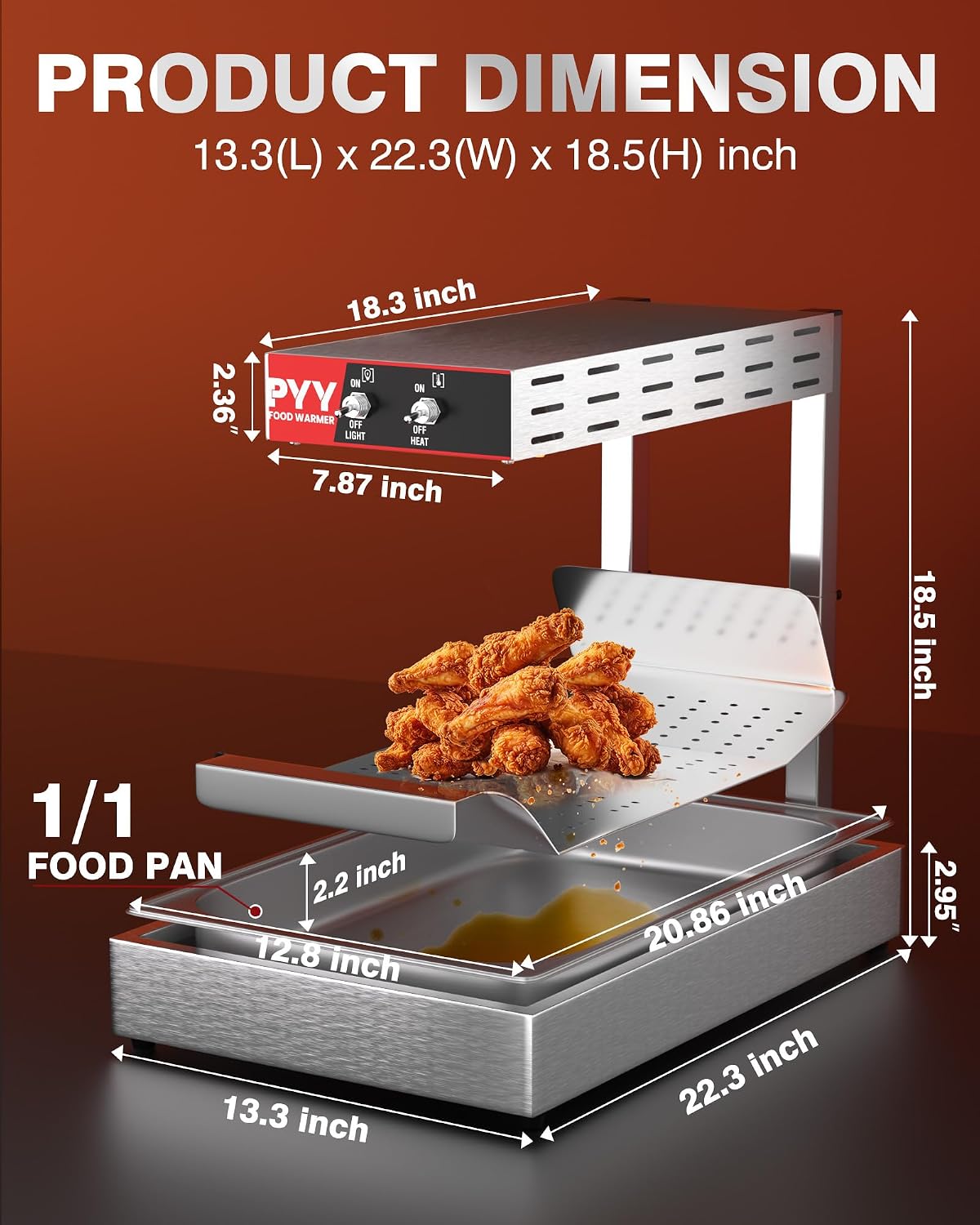 PYY French Fry Warmer - Commercial Food Heat Lamp Chip Warmer. Adjustable Height 15.4-18.5 Food Warmer Temp 86°F-156°F Countertop Freestanding Food Truck Restaurant Buffet