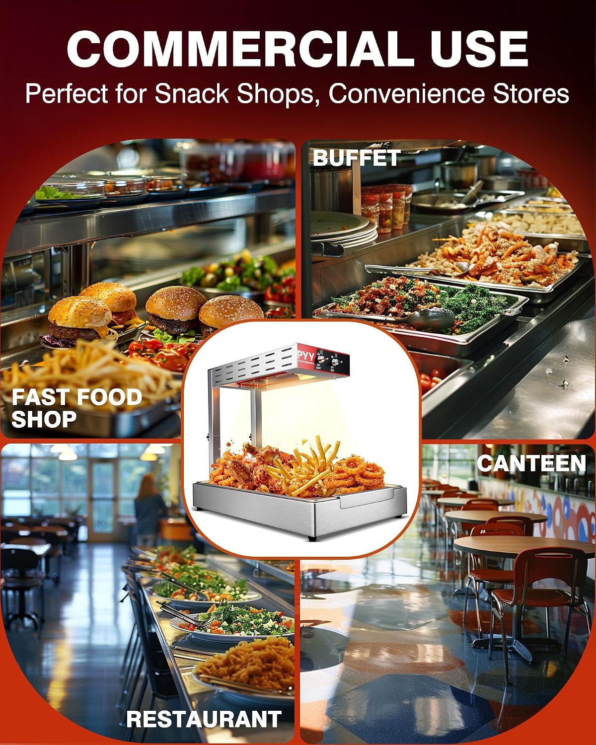 PYY French Fry Warmer - Commercial Food Heat Lamp Chip Warmer. Adjustable Height 15.4-18.5 Food Warmer Temp 86°F-156°F Countertop Freestanding Food Truck Restaurant Buffet