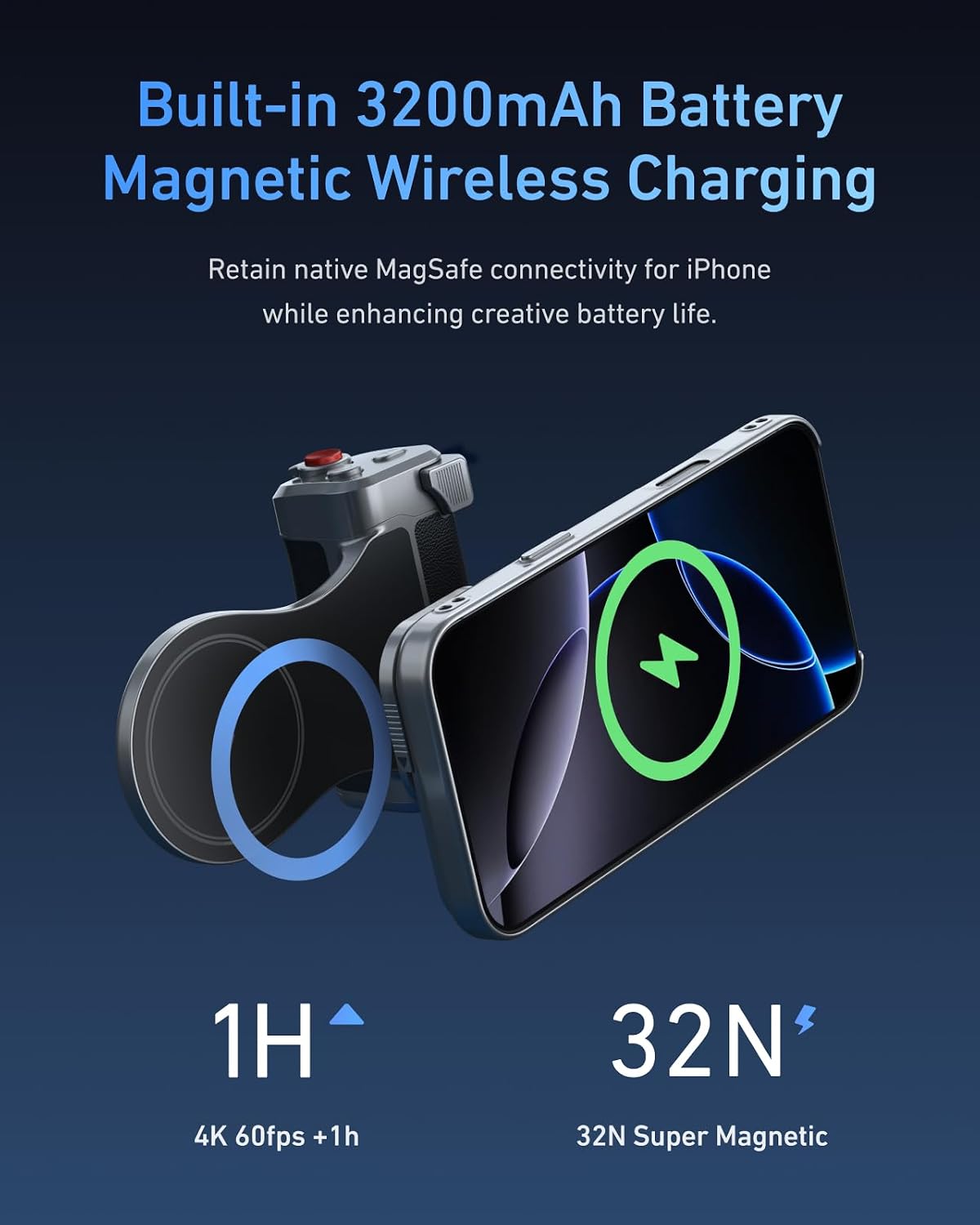 TELESIN Master Grip with C03 Selfie Light Universal for iPhone/MagSafe | Magnetic Phone Camera Grip Creator Kit Built 3200mAh Battery Wireless Charging -【Graphene Case Only For iPhone 17 Pro Max】