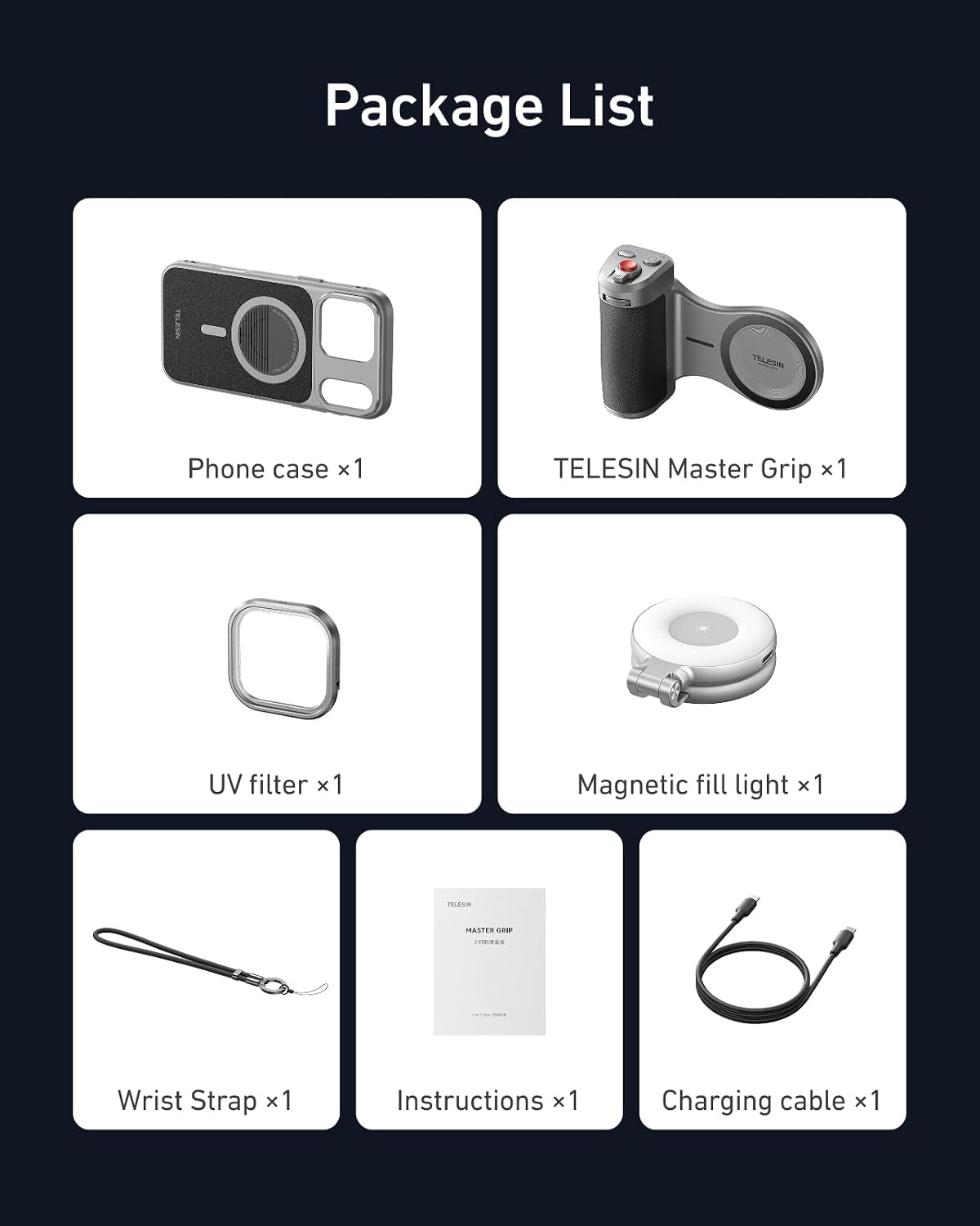 TELESIN Master Grip with C03 Selfie Light Universal for iPhone/MagSafe | Magnetic Phone Camera Grip Creator Kit Built 3200mAh Battery Wireless Charging -【Graphene Case Only For iPhone 17 Pro Max】