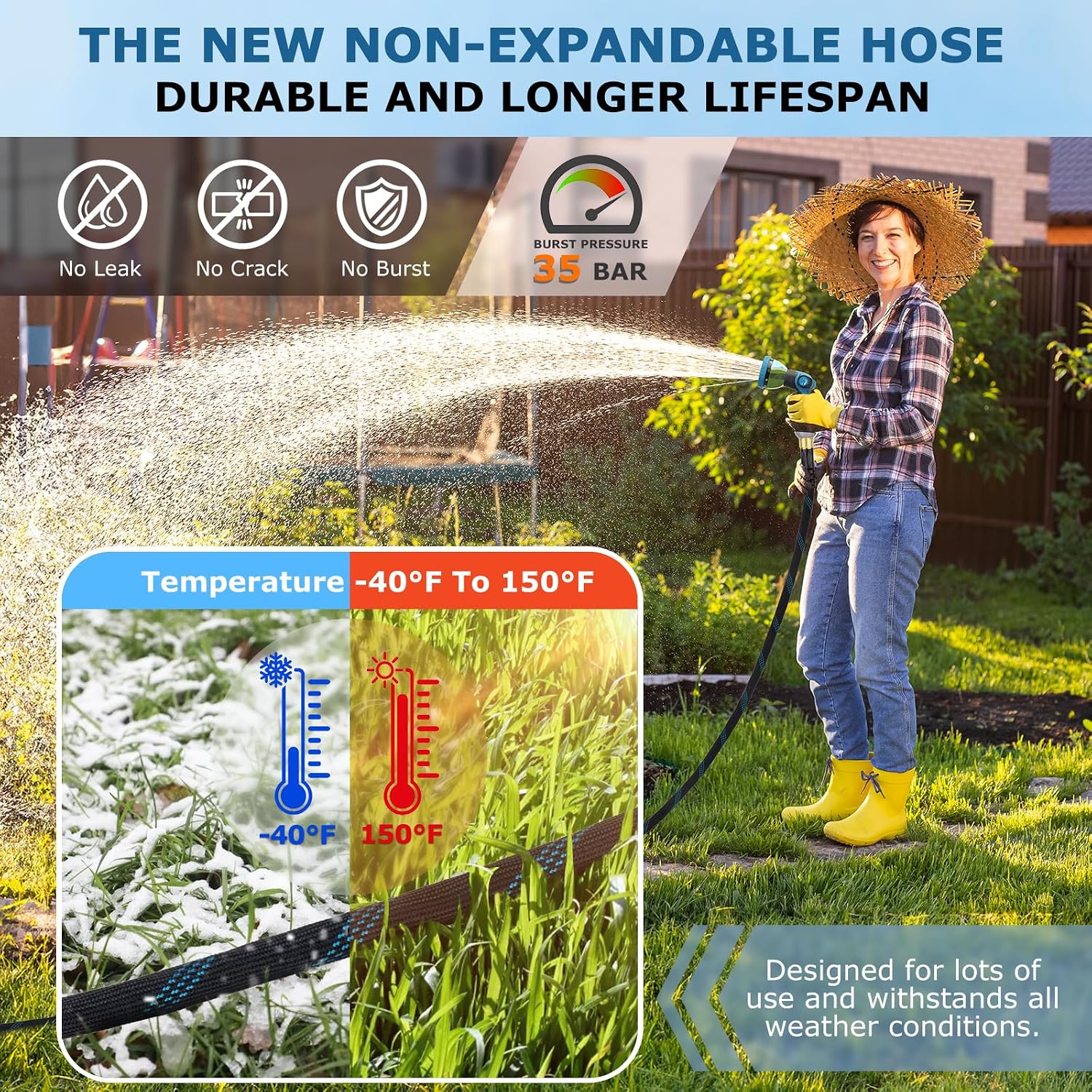 KETTOYA Non-Expanding Garden Hose 150 ft. Kink Free Flexible Water Hose with 10-Pattern Spray Nozzle. Lightweight Hose Pipe. Leak Proof. 3/4 Swivel Connectors. Super Fabric. Portable Storage Strap