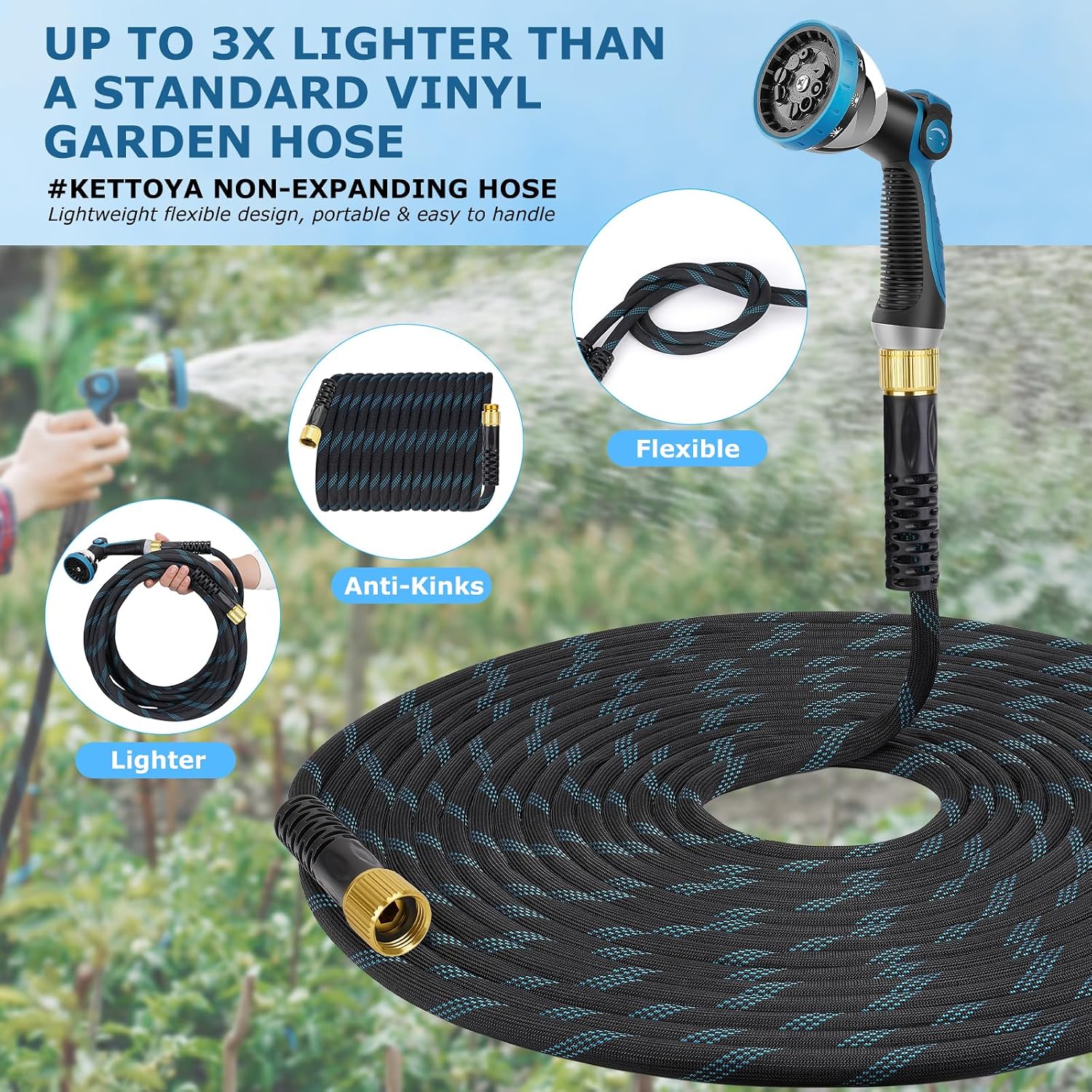 KETTOYA Non-Expanding Garden Hose 150 ft. Kink Free Flexible Water Hose with 10-Pattern Spray Nozzle. Lightweight Hose Pipe. Leak Proof. 3/4 Swivel Connectors. Super Fabric. Portable Storage Strap