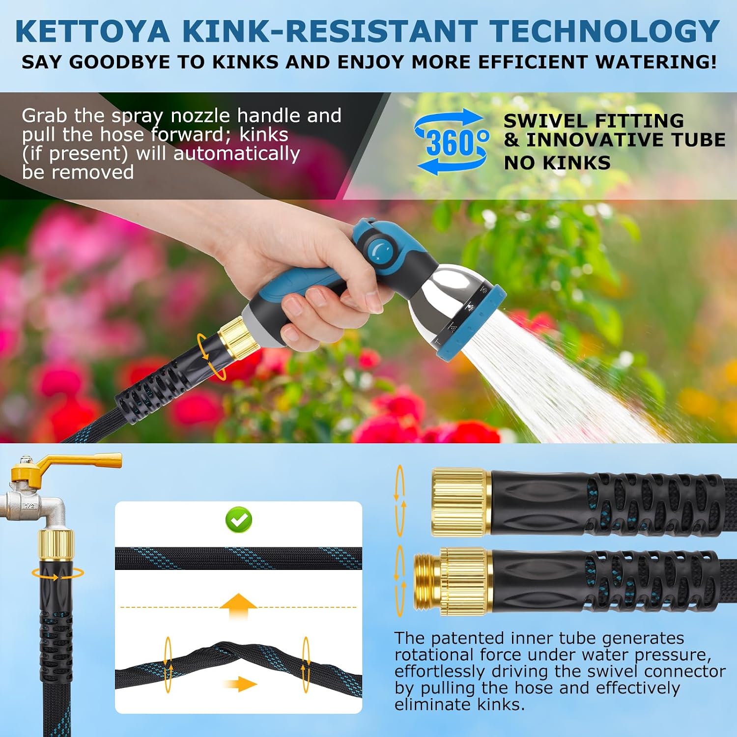 KETTOYA Non-Expanding Garden Hose 150 ft. Kink Free Flexible Water Hose with 10-Pattern Spray Nozzle. Lightweight Hose Pipe. Leak Proof. 3/4 Swivel Connectors. Super Fabric. Portable Storage Strap