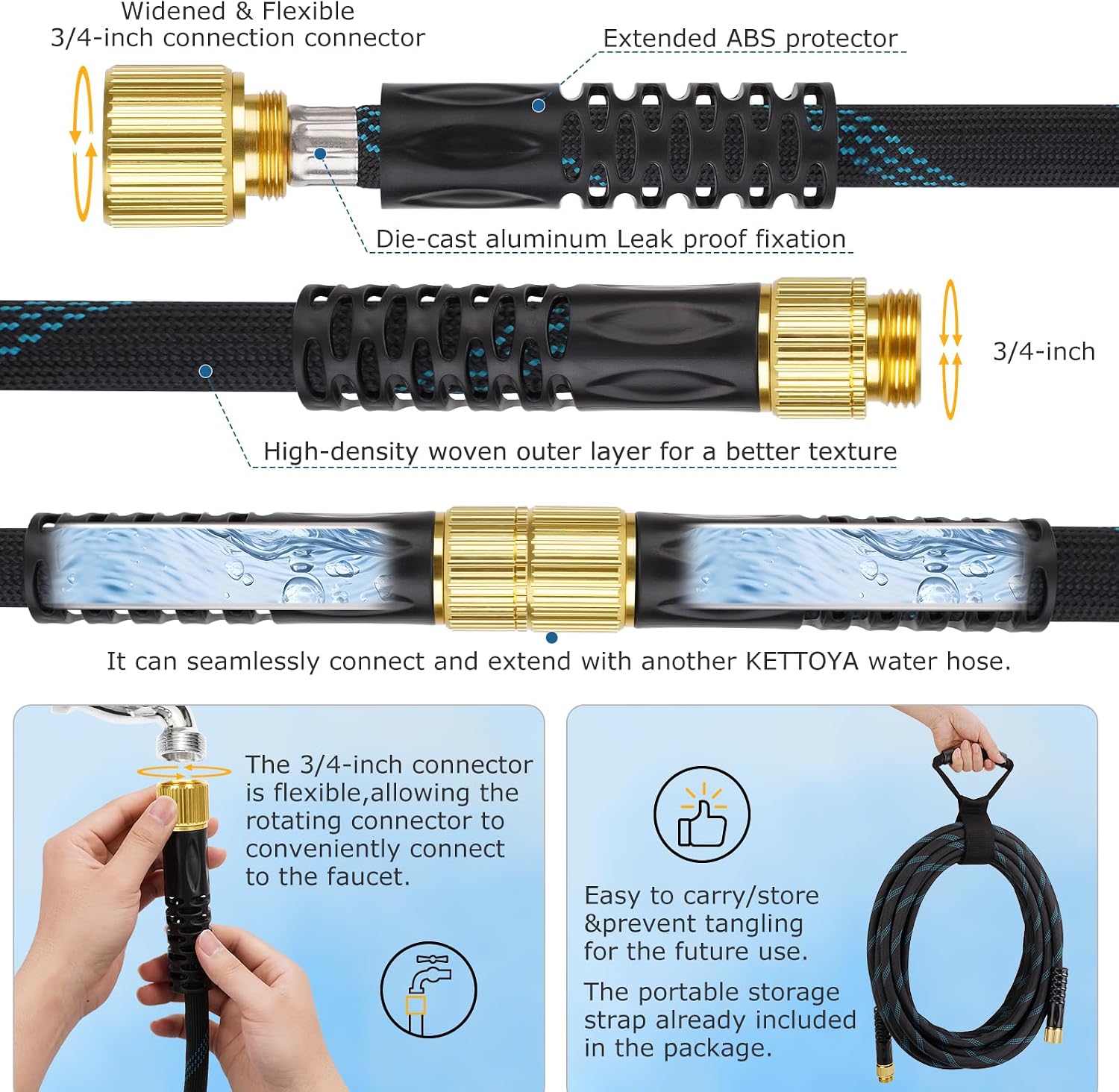 KETTOYA Non-Expanding Garden Hose 150 ft. Kink Free Flexible Water Hose with 10-Pattern Spray Nozzle. Lightweight Hose Pipe. Leak Proof. 3/4 Swivel Connectors. Super Fabric. Portable Storage Strap
