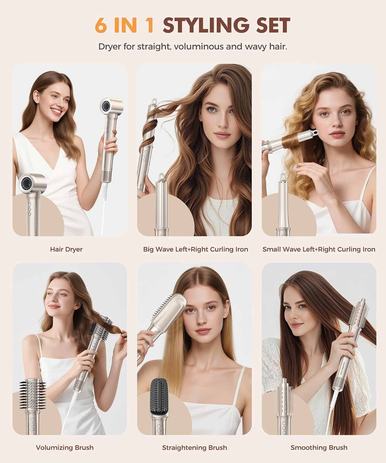 Cosy Companions 6 in-1 Hair Dryer Brush. 150.000 RPM High-Speed Negative Ionic. Blow Dryer Brush for Fast Drying. Hot Air Brush for Curling/Volumizing/Straightening with Travel Bag. Gold