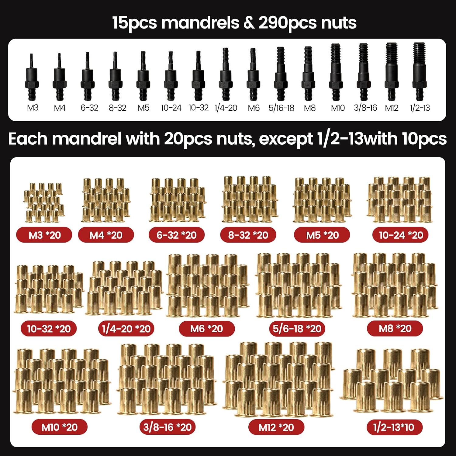 Rivet Nut Tool Kit. 16 Rivnut Tool with 15 Mandrels & 290 Rivet Nuts | Professional Nutsert Tool Kit with 2 Step Drills. Wrench & Carrying Case. Auto Release Nut for Automotive. Construction & DIY