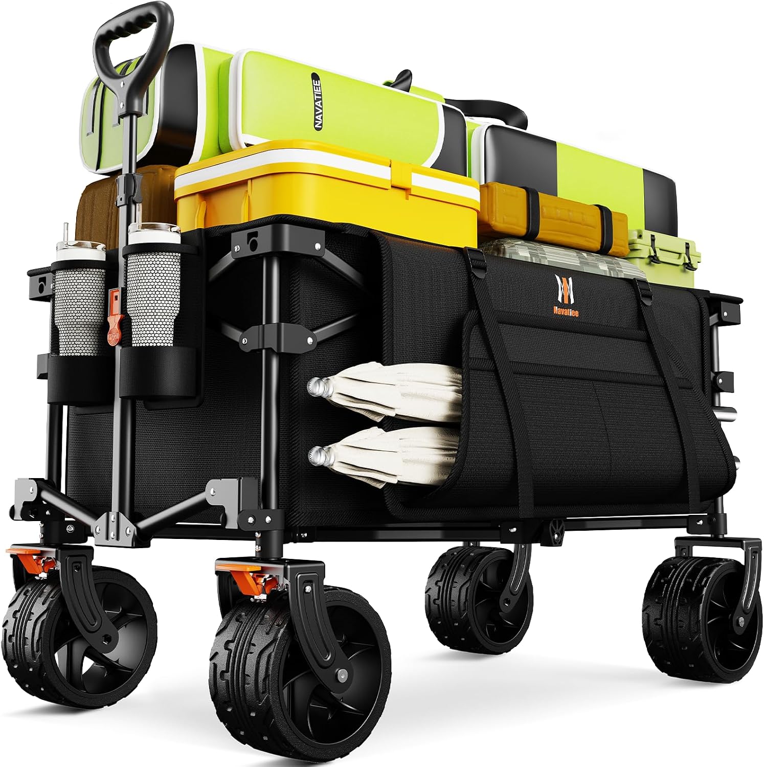 Navatiee Big Wheels Collapsible Wagon Cart Foldable. Heavy Duty Beach Wagon with Silent All-Terrain Wheels. Folding Utility Grocery Cart with Side Pocket and Brakes for Camping Garden Sports. Black