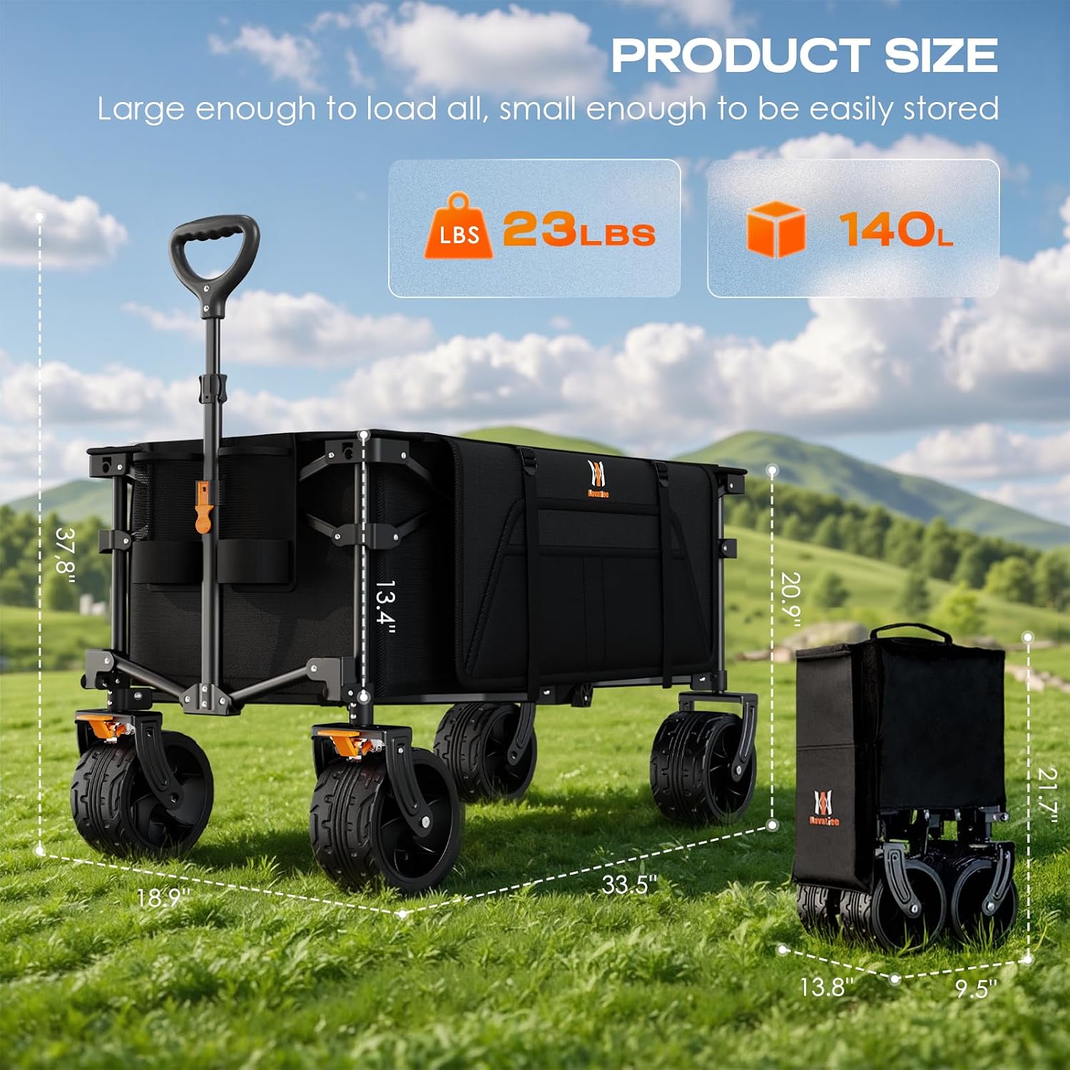 Navatiee Big Wheels Collapsible Wagon Cart Foldable. Heavy Duty Beach Wagon with Silent All-Terrain Wheels. Folding Utility Grocery Cart with Side Pocket and Brakes for Camping Garden Sports. Black