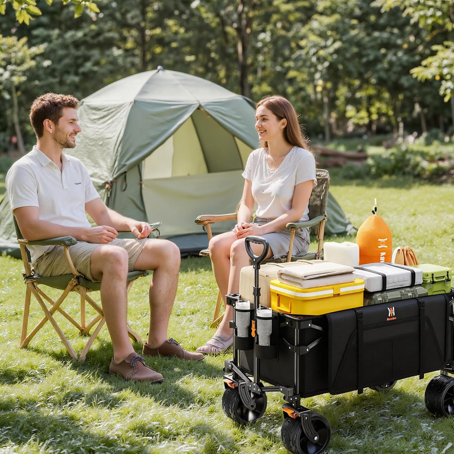 Navatiee Big Wheels Collapsible Wagon Cart Foldable. Heavy Duty Beach Wagon with Silent All-Terrain Wheels. Folding Utility Grocery Cart with Side Pocket and Brakes for Camping Garden Sports. Black